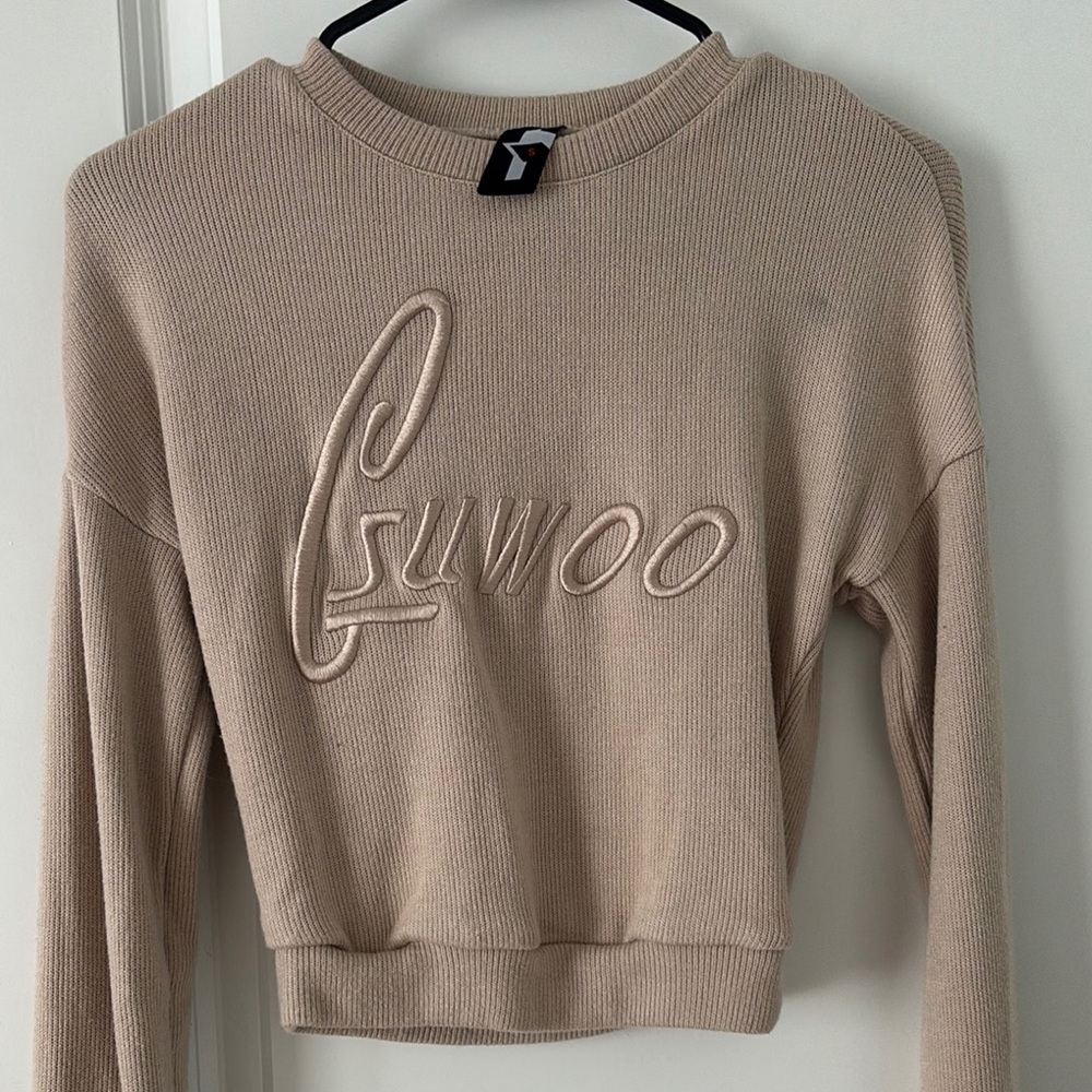 Cropped Beige Sweater with Embroidered Logo